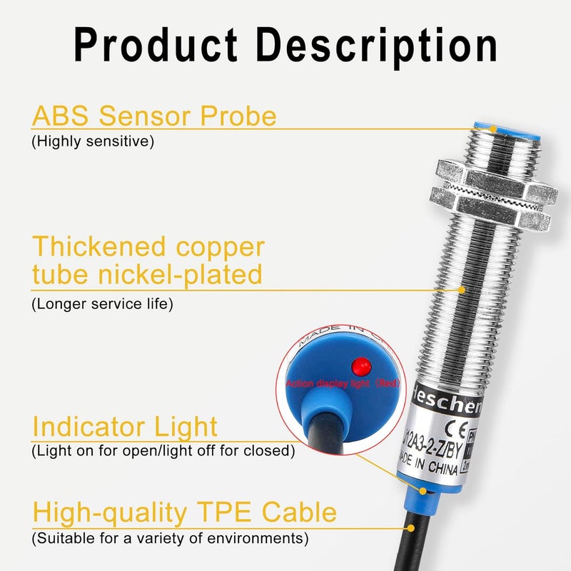 Heschen M12 Inductive Proximity Sensor Switch, Shield Type, LJ12A3-2-Z/BY, Detector 2mm, 10-30VDC 200mA, PNP Normally Open(NO), 3 Wire (5) - Image 4